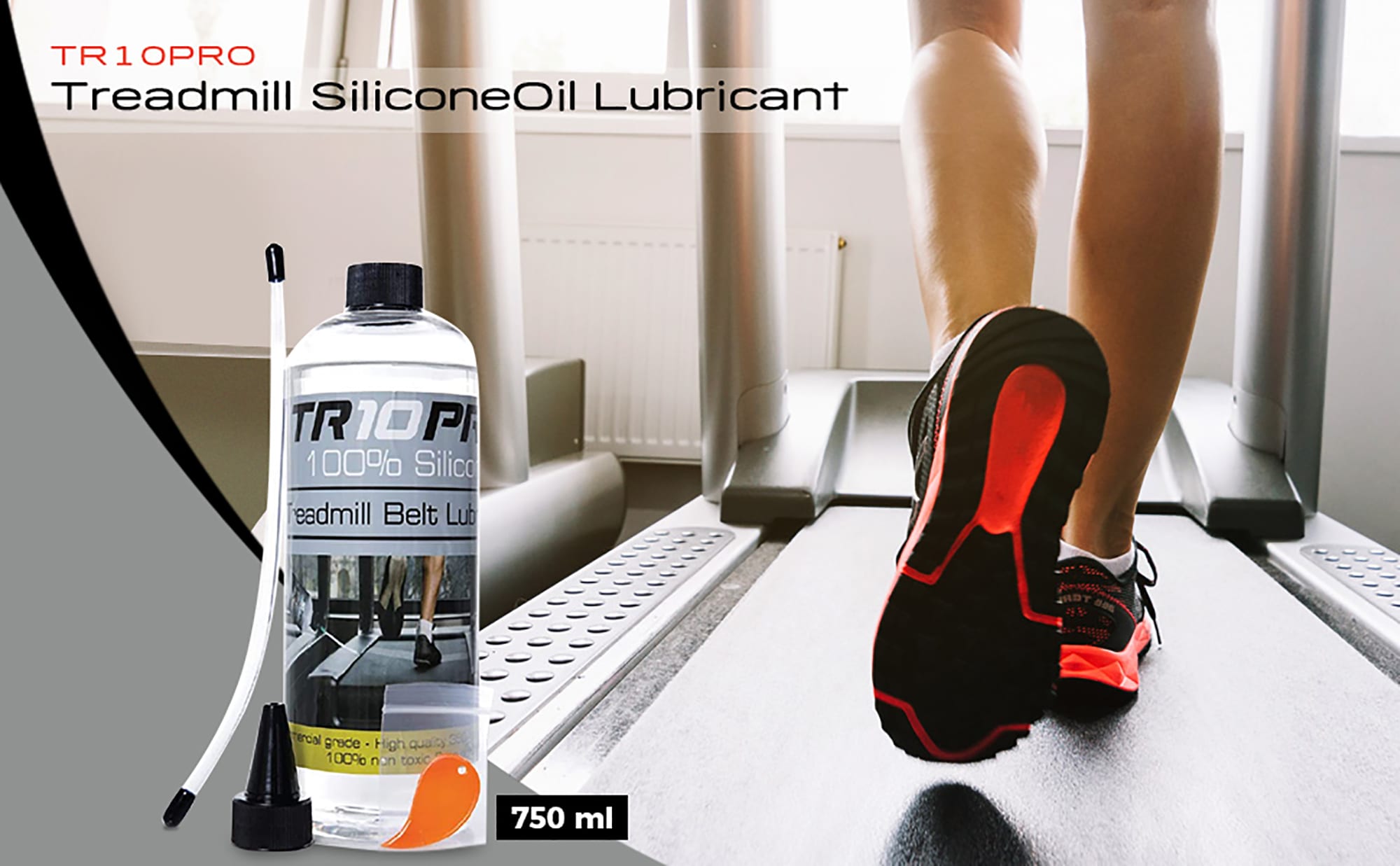 100% Silicone Treadmill Oil - TR10 Pro 750ml - showing a smooth running treadmill in use
